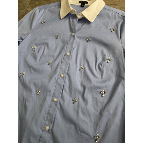 ANN TAYLOR Women's Blue Poplin Button Up Rhinestone 3/4 Sleeve Shirt Size 6 - Picture 3 of 7